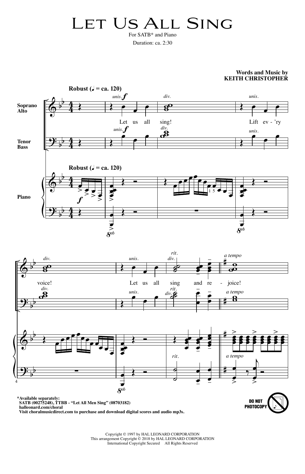 Download Keith Christopher Let Us All Sing Sheet Music and learn how to play SATB Choir PDF digital score in minutes