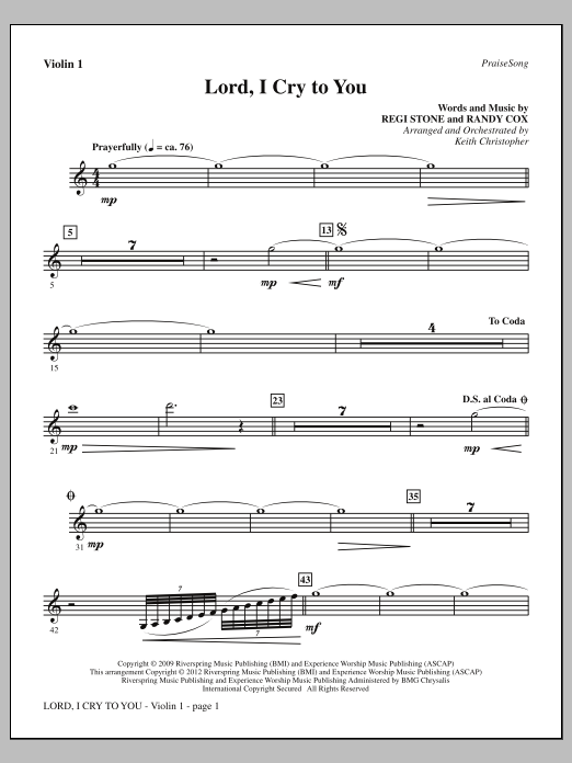 Download Keith Christopher Lord, I Cry To You - Violin 1 Sheet Music and learn how to play Choir Instrumental Pak PDF digital score in minutes