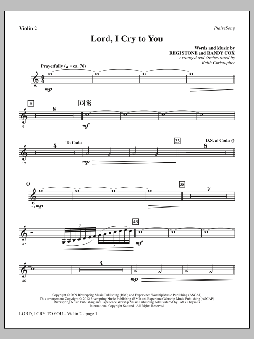 Download Keith Christopher Lord, I Cry To You - Violin 2 Sheet Music and learn how to play Choir Instrumental Pak PDF digital score in minutes