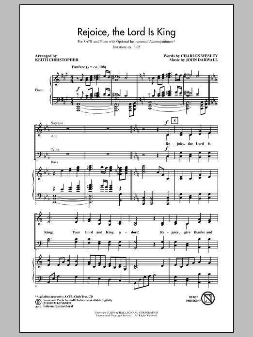 Download Charles Wesley Rejoice, The Lord Is King (arr. Keith Christopher) Sheet Music and learn how to play SATB PDF digital score in minutes