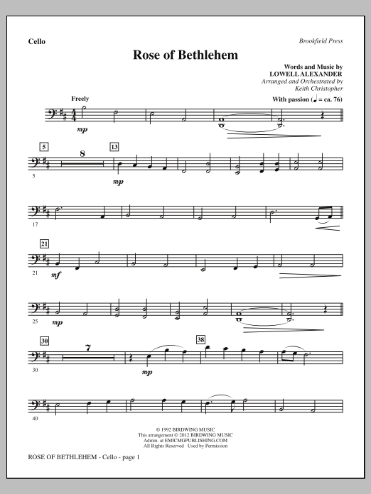 Download Keith Christopher Rose Of Bethlehem - Cello Sheet Music and learn how to play Choir Instrumental Pak PDF digital score in minutes