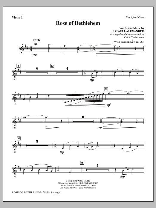 Download Keith Christopher Rose Of Bethlehem - Violin 1 Sheet Music and learn how to play Choir Instrumental Pak PDF digital score in minutes