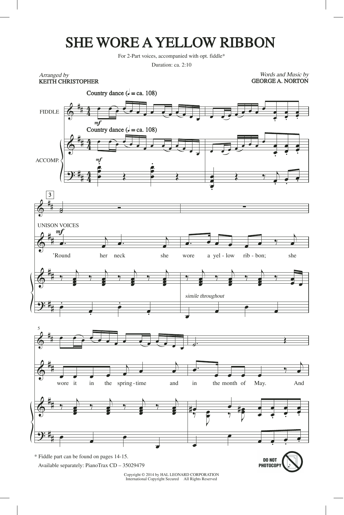 Download Keith Christopher She Wore A Yellow Ribbon Sheet Music and learn how to play 2-Part Choir PDF digital score in minutes