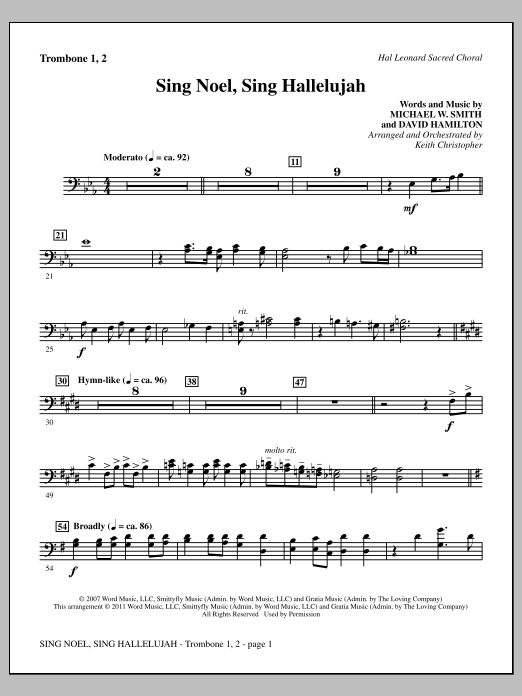 Download Keith Christopher Sing Noel, Sing Hallelujah - Trombone 1 & 2 Sheet Music and learn how to play Choir Instrumental Pak PDF digital score in minutes