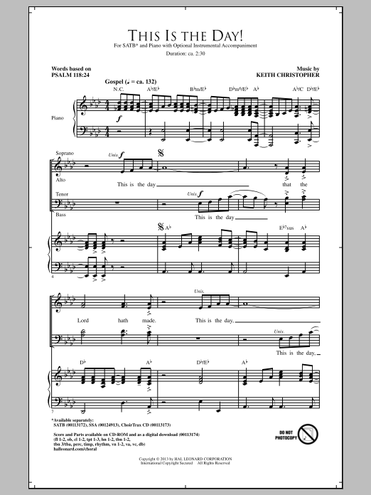 Download Keith Christopher This Is The Day Sheet Music and learn how to play SSA PDF digital score in minutes