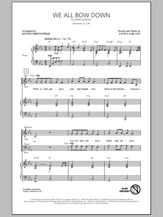 Download Keith Christopher We All Bow Down Sheet Music and learn how to play SATB Choir PDF digital score in minutes