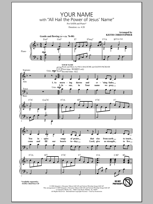 Download Keith Christopher Your Name (with All Hail The Power Of Jesus' Name) Sheet Music and learn how to play SATB Choir PDF digital score in minutes