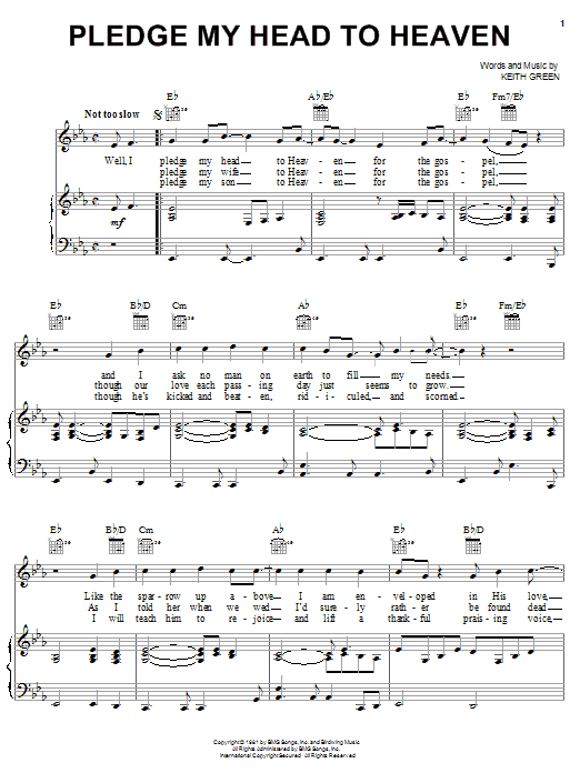 Download Keith Green Pledge My Head To Heaven Sheet Music and learn how to play Piano, Vocal & Guitar (Right-Hand Melody) PDF digital score in minutes