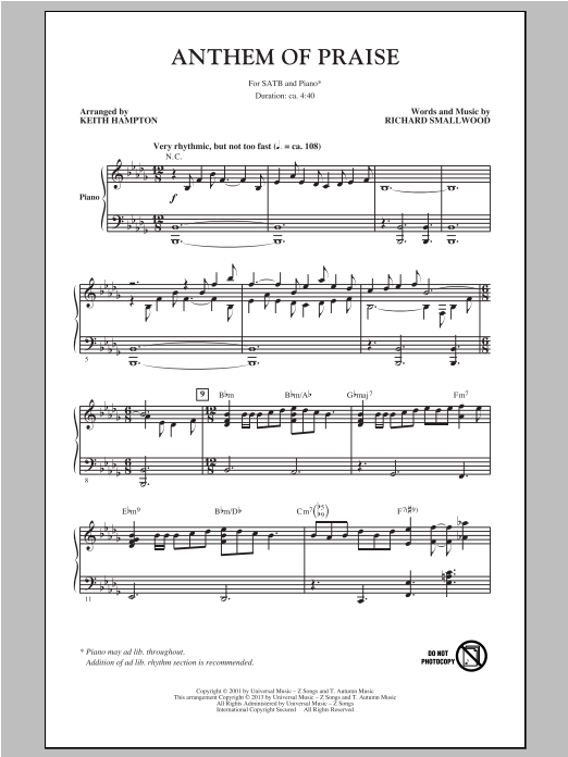 Download Richard Smallwood Anthem Of Praise (arr. Keith Hampton) Sheet Music and learn how to play SATB PDF digital score in minutes