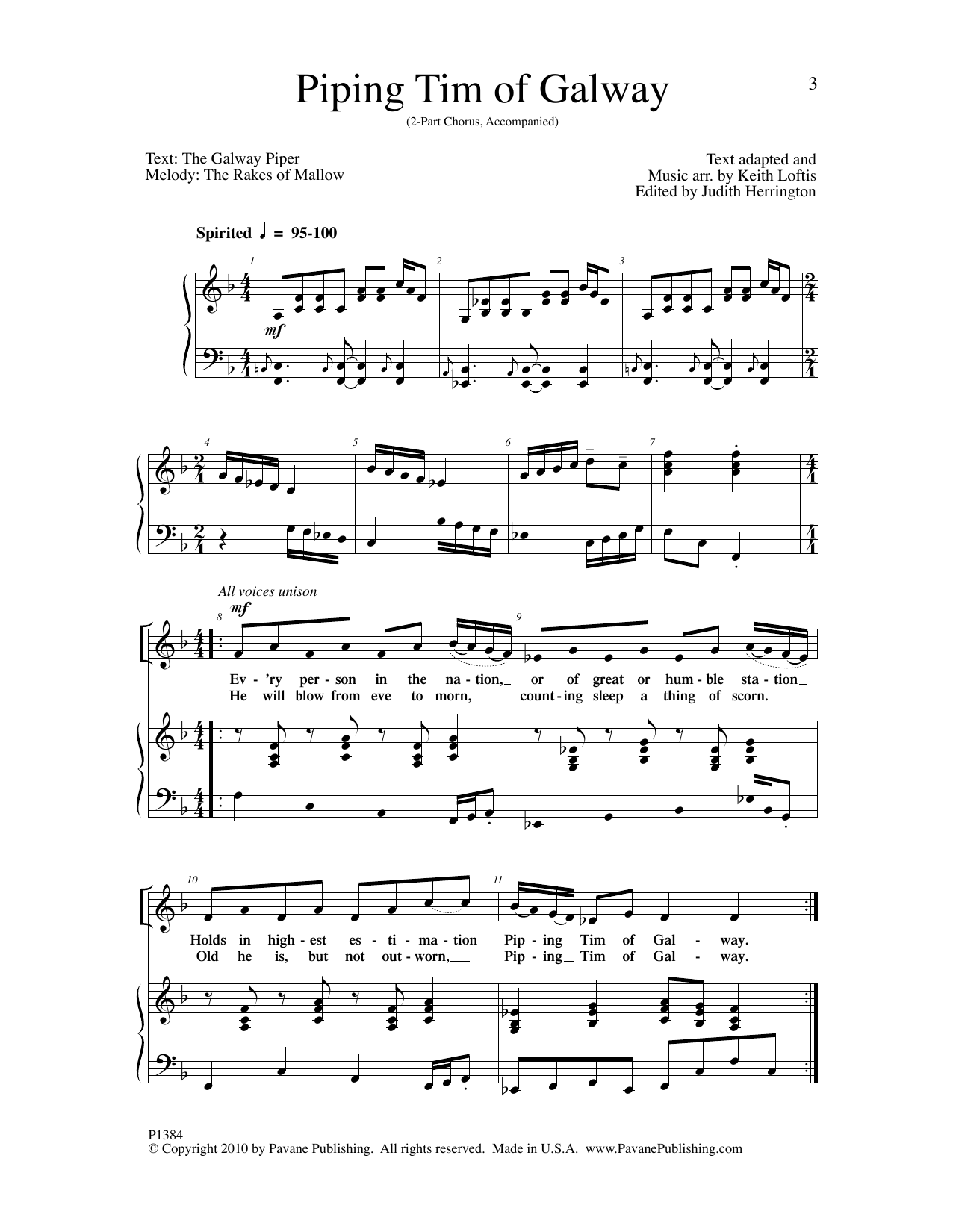 Download Keith Loftis Piping Tim of Galway Sheet Music and learn how to play 2-Part Choir PDF digital score in minutes