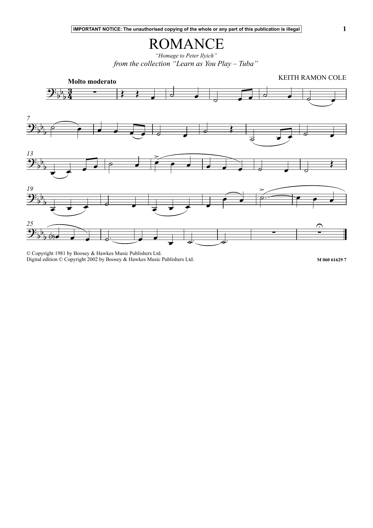 Download Keith Ramon Cole Romance - Homage To Peter Ilyich (from Learn As You Play Tuba) Sheet Music and learn how to play Instrumental Solo PDF digital score in minutes