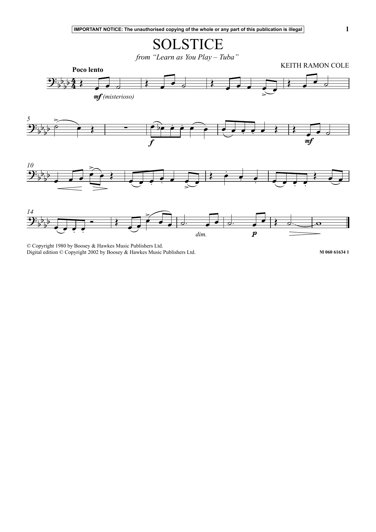 Download Keith Ramon Cole Solstice (from Learn As You Play Tuba) Sheet Music and learn how to play Instrumental Solo PDF digital score in minutes