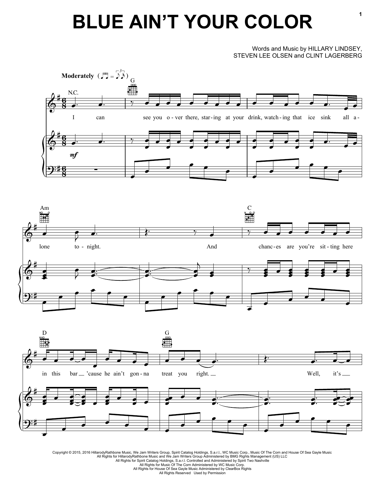 Download Keith Urban Blue Ain't Your Color Sheet Music and learn how to play Piano (Big Notes) PDF digital score in minutes
