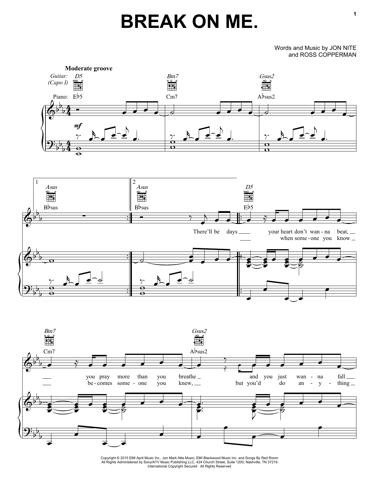 Download Keith Urban Break On Me Sheet Music and learn how to play Piano, Vocal & Guitar (Right-Hand Melody) PDF digital score in minutes