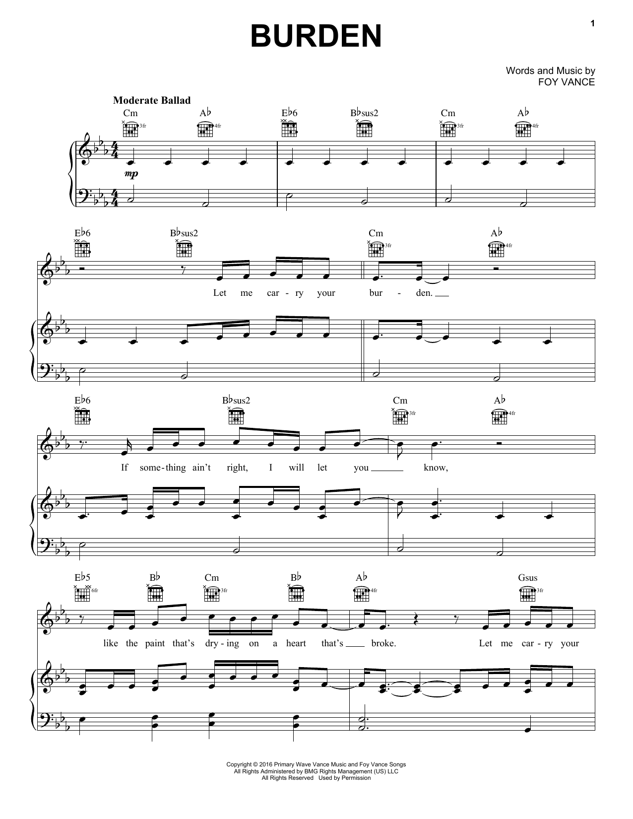 Download Keith Urban Burden Sheet Music and learn how to play Piano, Vocal & Guitar Chords (Right-Hand Melody) PDF digital score in minutes