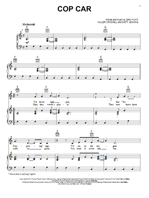 Download Keith Urban Cop Car Sheet Music and learn how to play Piano, Vocal & Guitar (Right-Hand Melody) PDF digital score in minutes