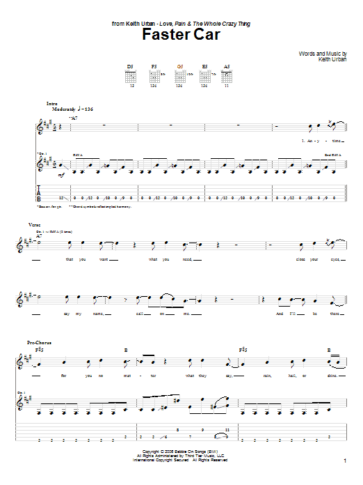 Download Keith Urban Faster Car Sheet Music and learn how to play Guitar Tab PDF digital score in minutes