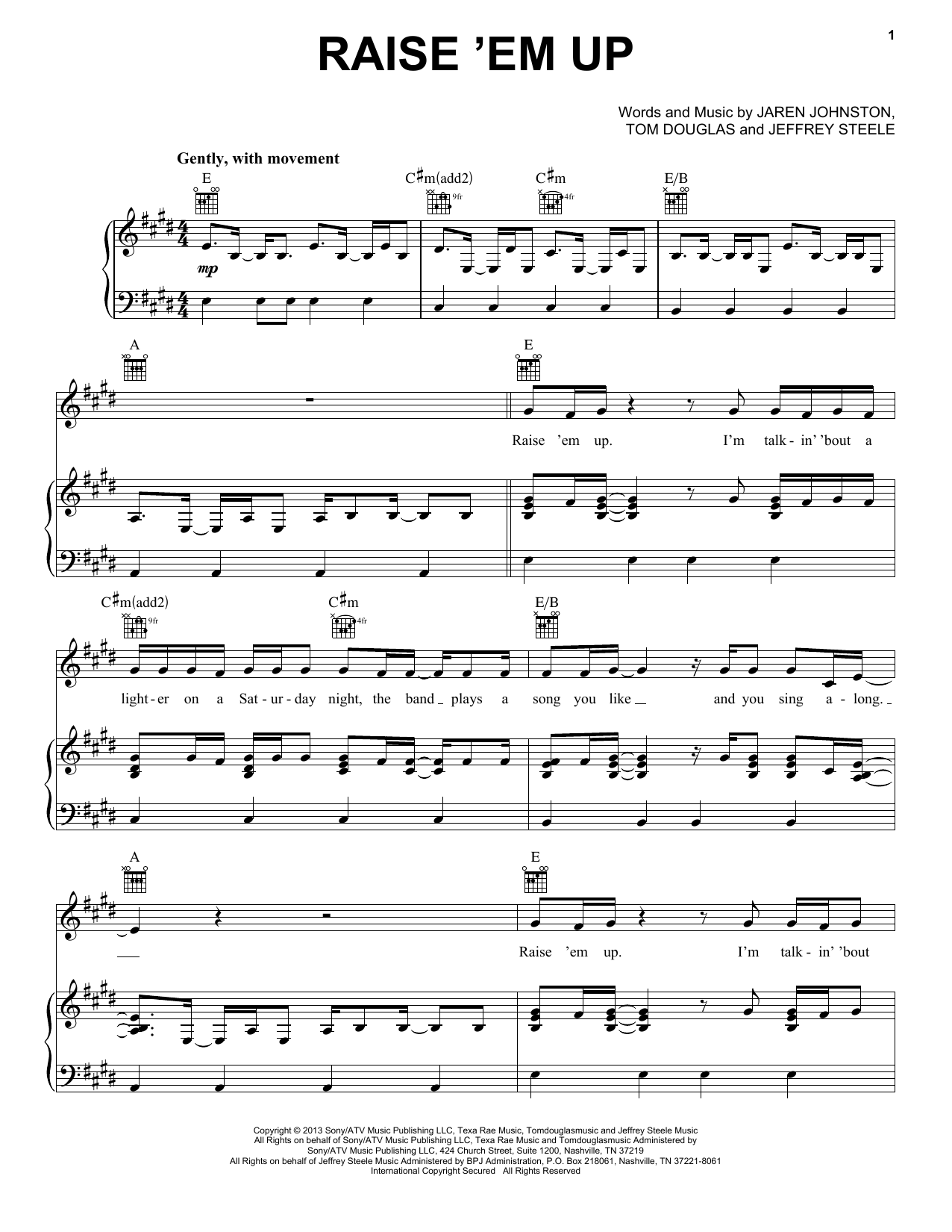 Download Keith Urban feat. Eric Church Raise 'Em Up Sheet Music and learn how to play Piano, Vocal & Guitar (Right-Hand Melody) PDF digital score in minutes