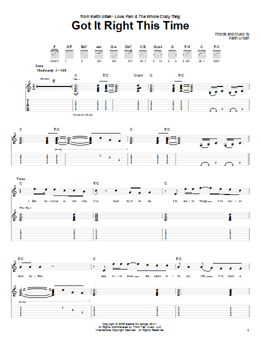 Download Keith Urban Got It Right This Time Sheet Music and learn how to play Guitar Tab PDF digital score in minutes
