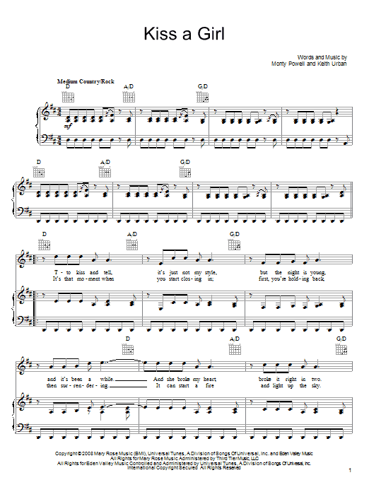 Download Keith Urban Kiss A Girl Sheet Music and learn how to play Guitar Tab PDF digital score in minutes
