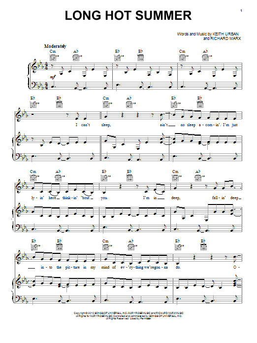 Download Keith Urban Long Hot Summer Sheet Music and learn how to play Piano, Vocal & Guitar (Right-Hand Melody) PDF digital score in minutes