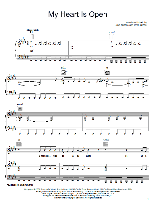 Download Keith Urban My Heart Is Open Sheet Music and learn how to play Piano, Vocal & Guitar (Right-Hand Melody) PDF digital score in minutes