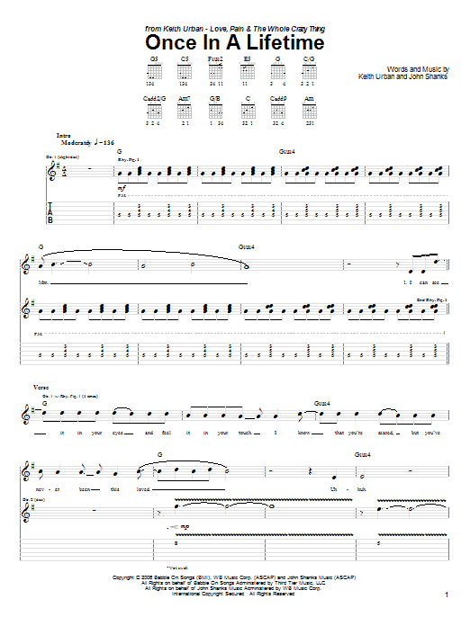Download Keith Urban Once In A Lifetime Sheet Music and learn how to play Lyrics & Chords PDF digital score in minutes