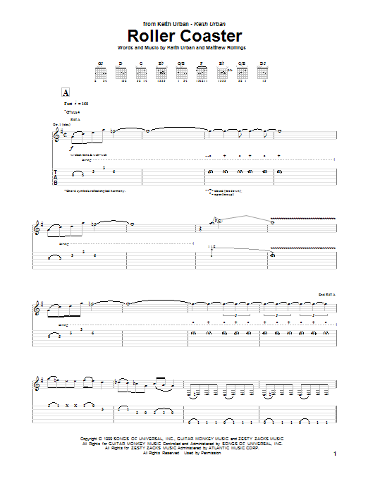 Download Keith Urban Roller Coaster Sheet Music and learn how to play Guitar Tab PDF digital score in minutes