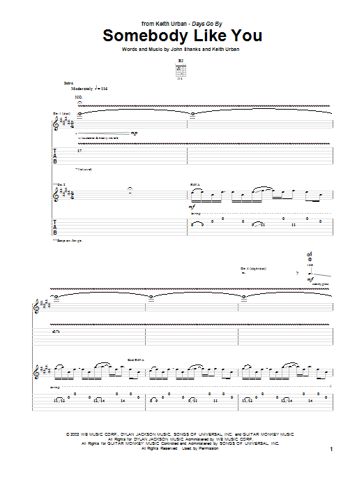 Download Keith Urban Somebody Like You Sheet Music and learn how to play Guitar Tab PDF digital score in minutes