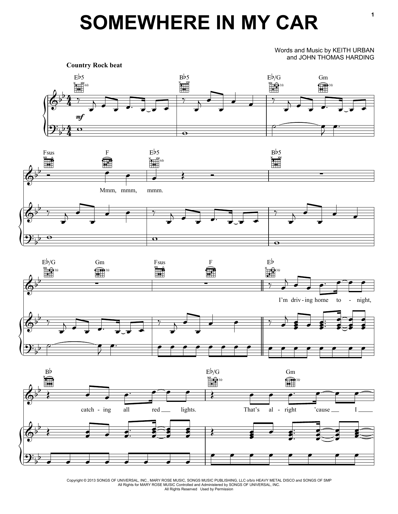 Download Keith Urban Somewhere In My Car Sheet Music and learn how to play Piano, Vocal & Guitar (Right-Hand Melody) PDF digital score in minutes