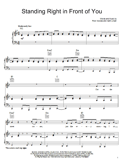 Download Keith Urban Standing Right In Front Of You Sheet Music and learn how to play Piano, Vocal & Guitar (Right-Hand Melody) PDF digital score in minutes