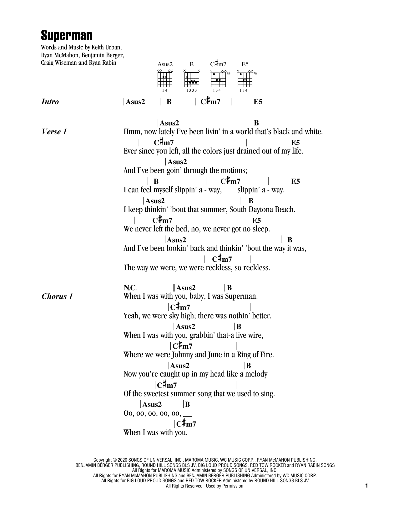 Download Keith Urban Superman Sheet Music and learn how to play Guitar Chords/Lyrics PDF digital score in minutes