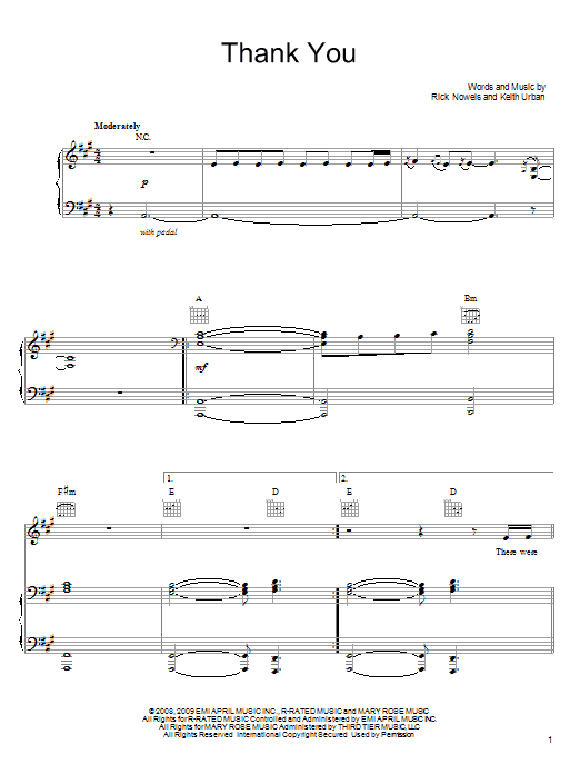 Download Keith Urban Thank You Sheet Music and learn how to play Piano, Vocal & Guitar (Right-Hand Melody) PDF digital score in minutes