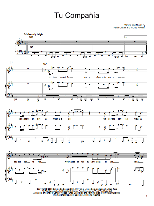Download Keith Urban Tu Compania Sheet Music and learn how to play Guitar Tab PDF digital score in minutes