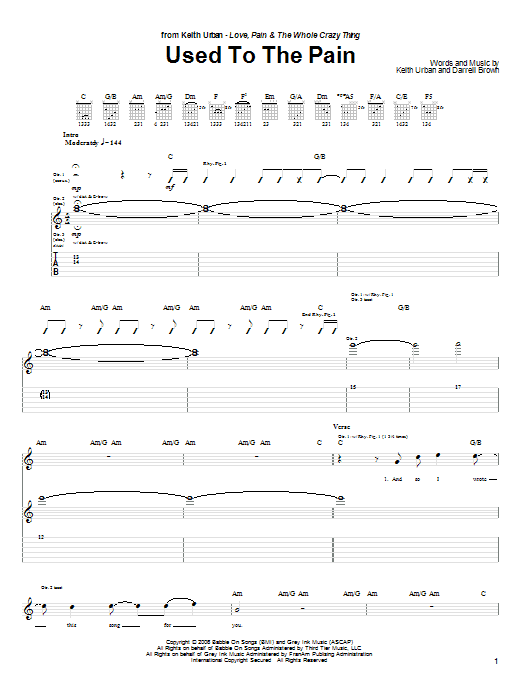 Download Keith Urban Used To The Pain Sheet Music and learn how to play Guitar Tab PDF digital score in minutes