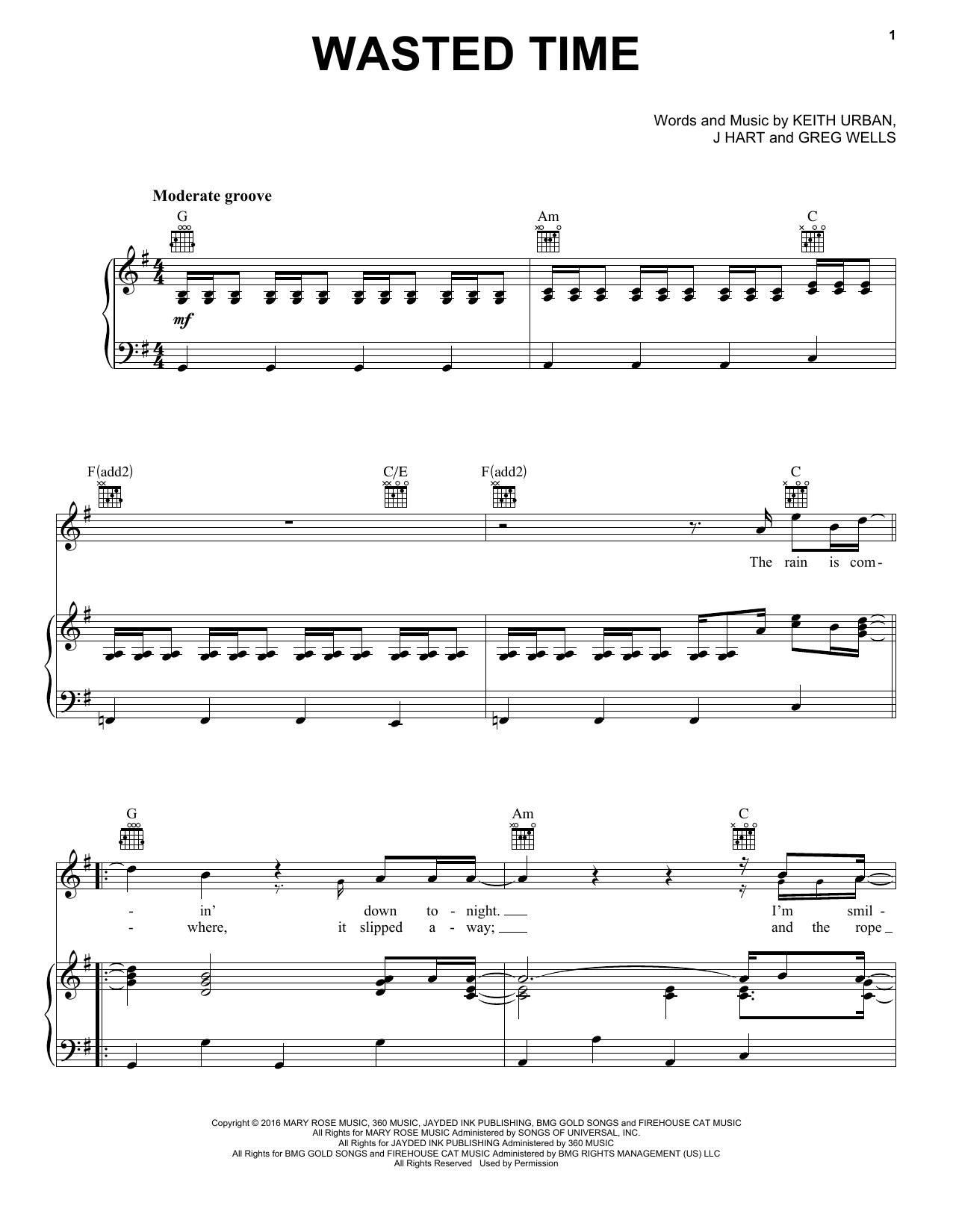 Download Keith Urban Wasted Time Sheet Music and learn how to play Piano, Vocal & Guitar (Right-Hand Melody) PDF digital score in minutes