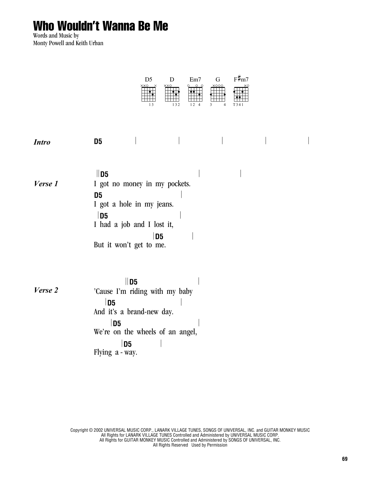 Download Keith Urban Who Wouldn't Wanna Be Me Sheet Music and learn how to play Lyrics & Chords PDF digital score in minutes