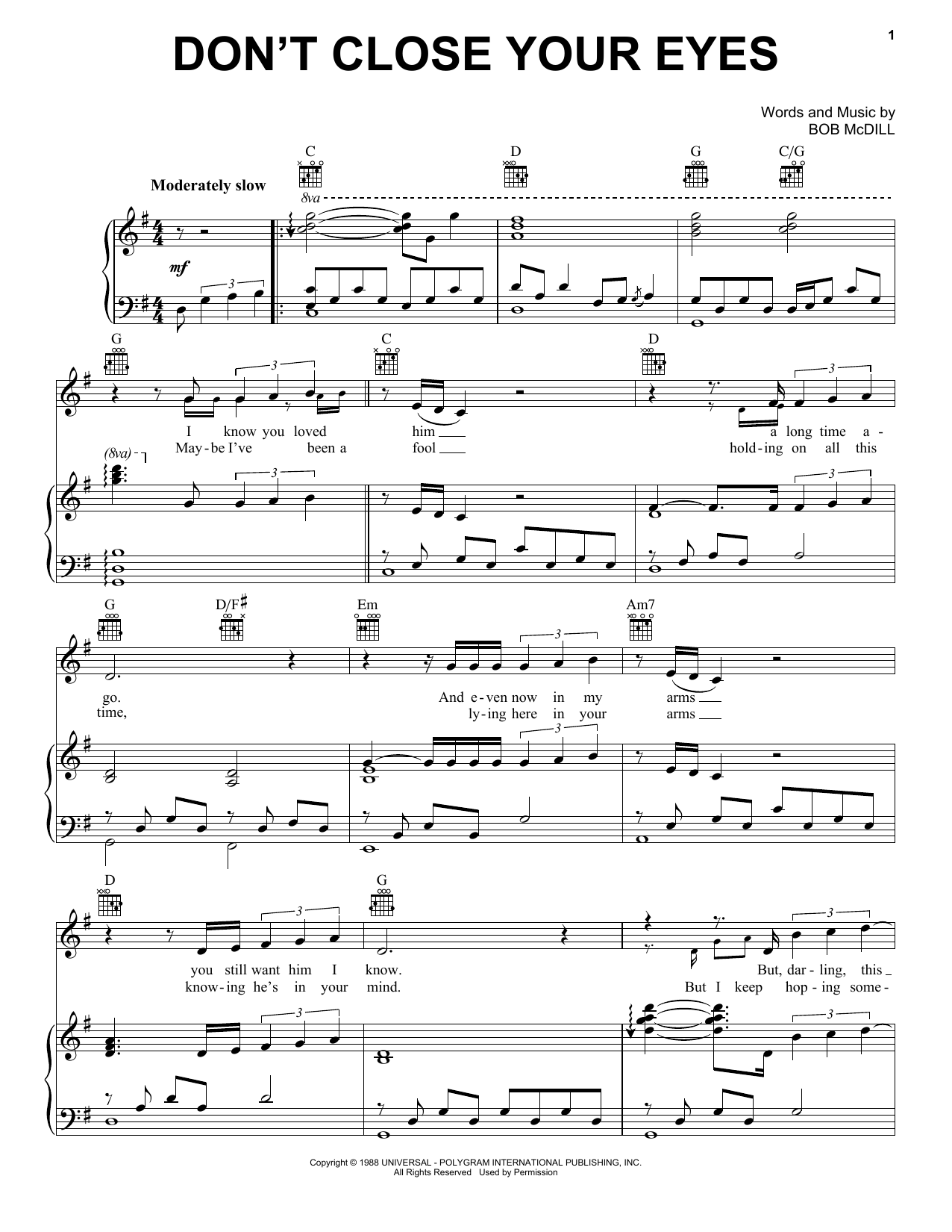 Download Keith Whitley Don't Close Your Eyes Sheet Music and learn how to play Real Book – Melody, Lyrics & Chords PDF digital score in minutes