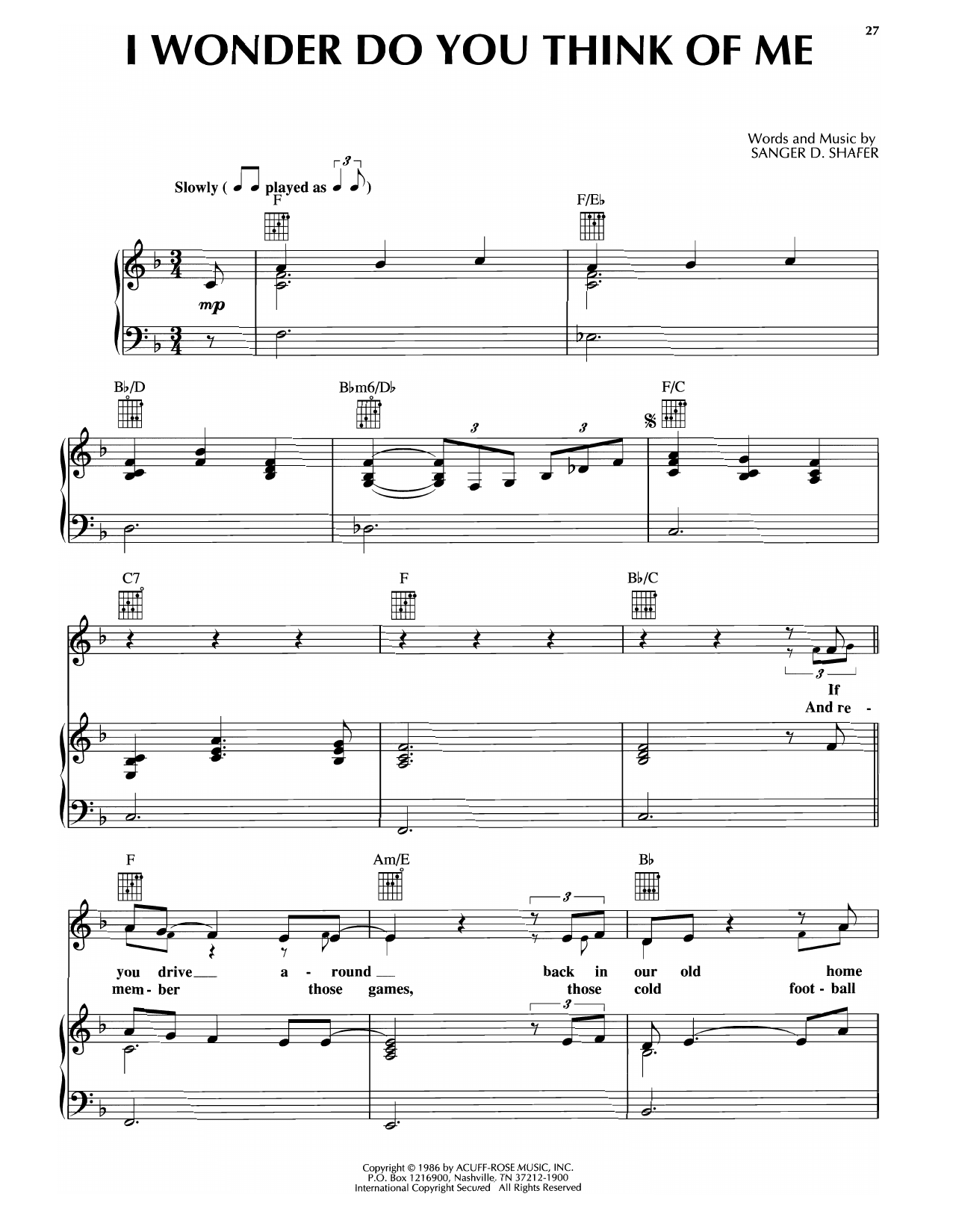 Download Keith Whitley I Wonder Do You Think Of Me Sheet Music and learn how to play Piano, Vocal & Guitar Chords (Right-Hand Melody) PDF digital score in minutes