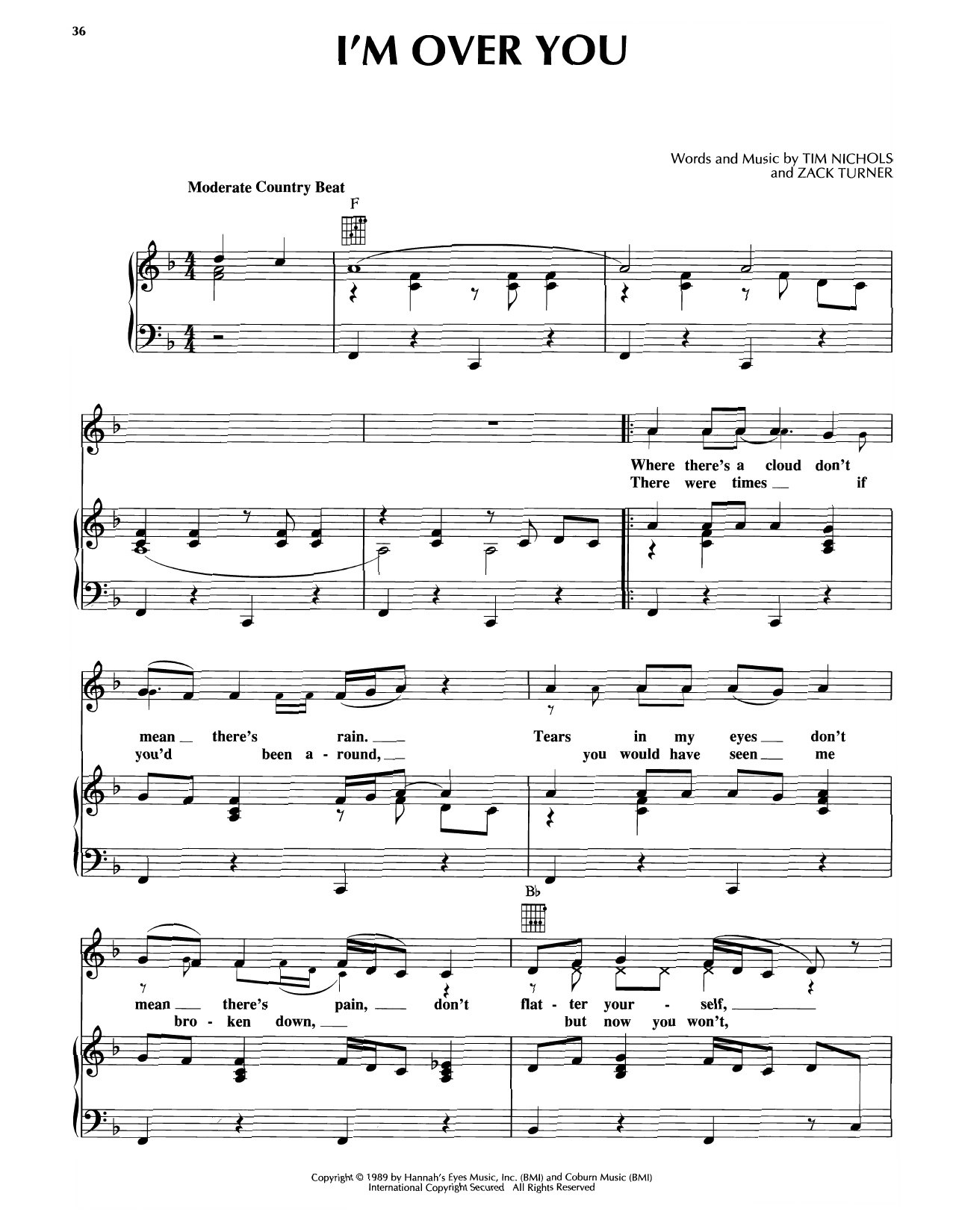 Download Keith Whitley I'm Over You Sheet Music and learn how to play Piano, Vocal & Guitar Chords (Right-Hand Melody) PDF digital score in minutes
