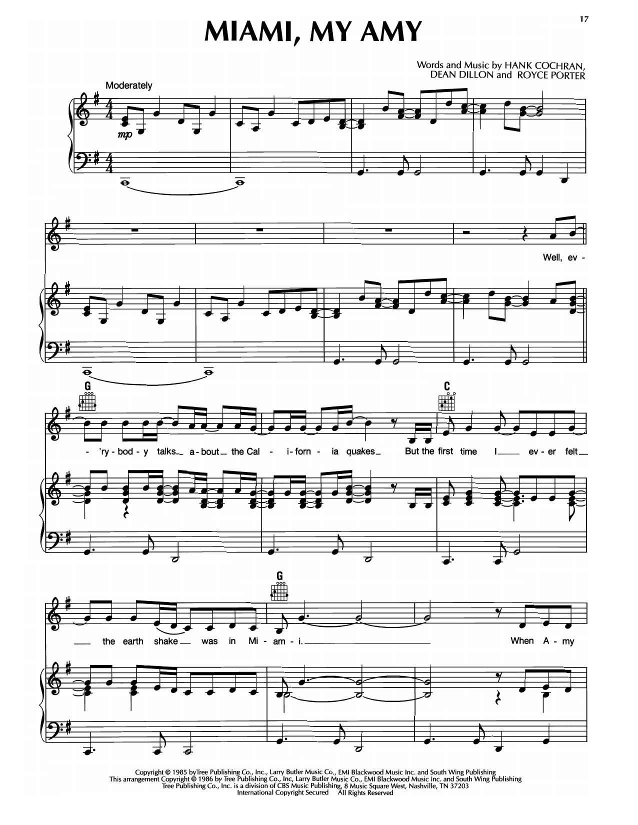 Download Keith Whitley Miami, My Amy Sheet Music and learn how to play Piano, Vocal & Guitar Chords (Right-Hand Melody) PDF digital score in minutes
