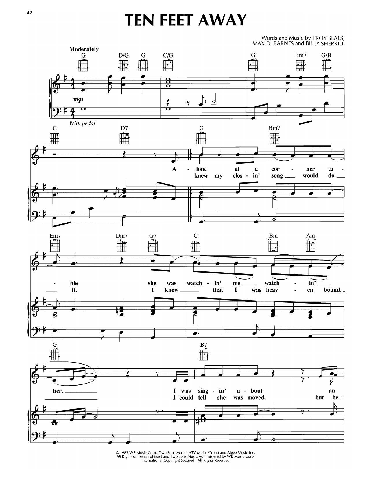 Download Keith Whitley Ten Feet Away Sheet Music and learn how to play Piano, Vocal & Guitar Chords (Right-Hand Melody) PDF digital score in minutes