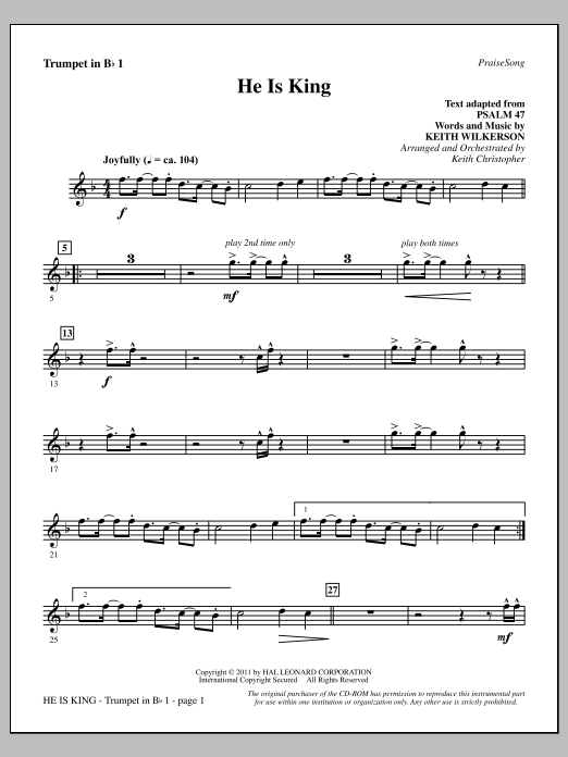 Download Keith Wilkerson He Is King - Bb Trumpet 1 Sheet Music and learn how to play Choir Instrumental Pak PDF digital score in minutes