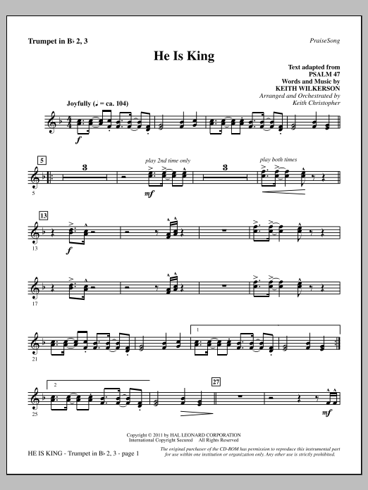 Download Keith Wilkerson He Is King - Bb Trumpet 2,3 Sheet Music and learn how to play Choir Instrumental Pak PDF digital score in minutes