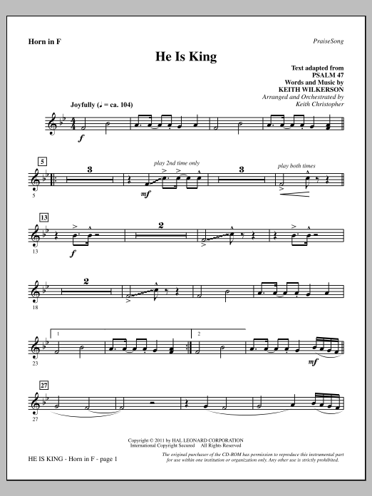 Download Keith Wilkerson He Is King - F Horn Sheet Music and learn how to play Choir Instrumental Pak PDF digital score in minutes