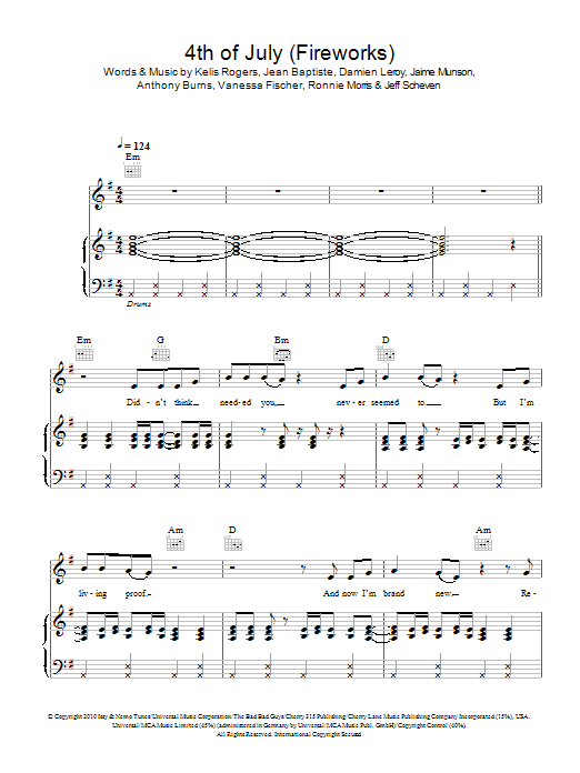 Download Kelis 4th Of July (Fireworks) Sheet Music and learn how to play Piano, Vocal & Guitar PDF digital score in minutes