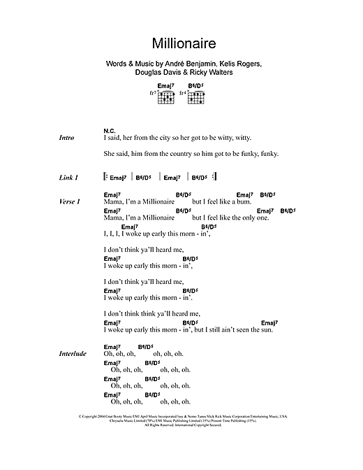 Download Kelis Millionaire (feat. André 3000) Sheet Music and learn how to play Lyrics & Chords PDF digital score in minutes