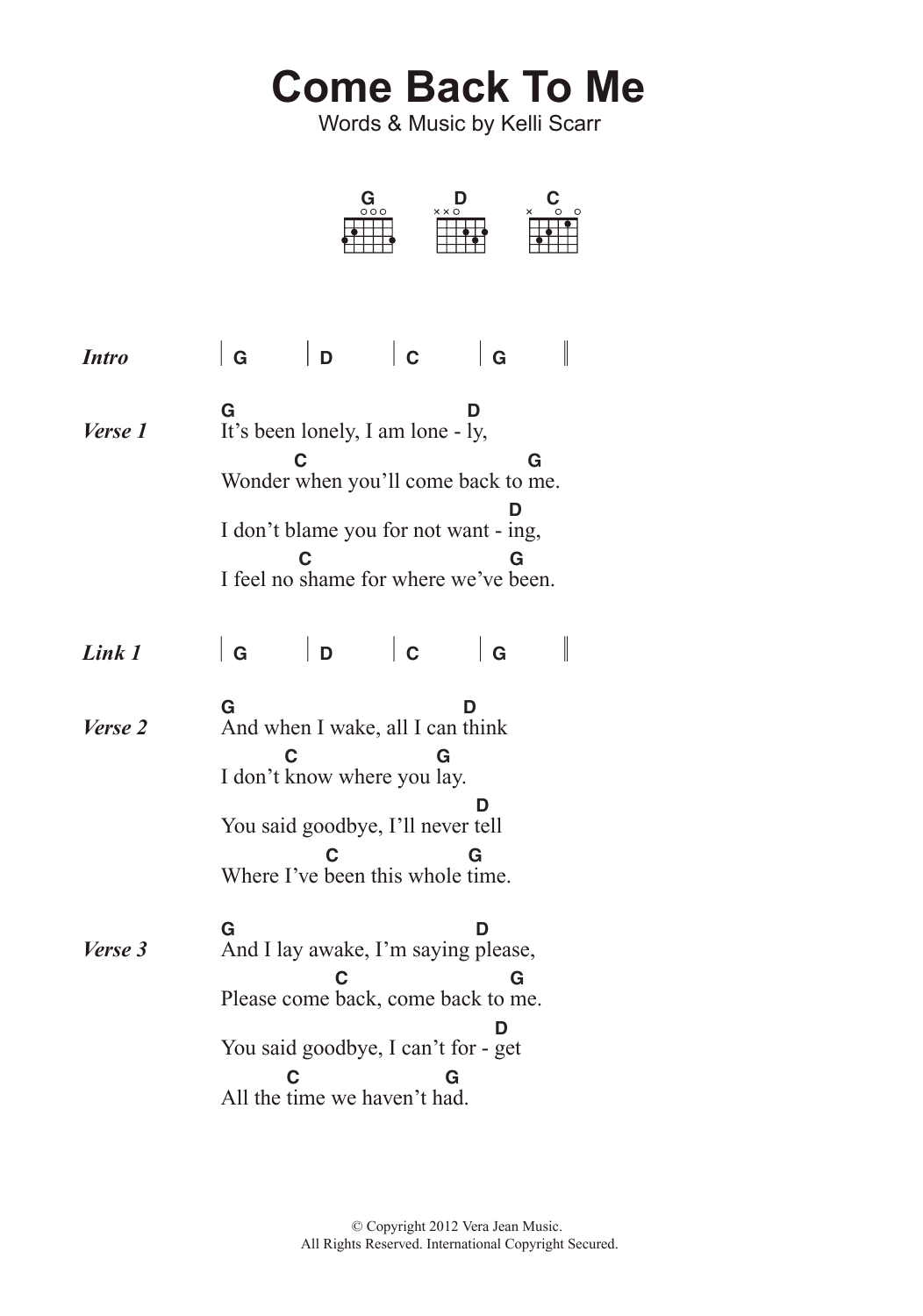 Download Kelli Scarr Come Back To Me Sheet Music and learn how to play Lyrics & Chords PDF digital score in minutes