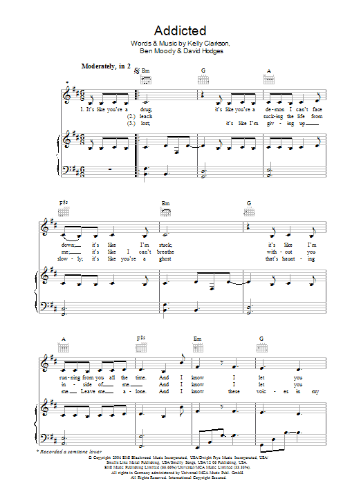 Download Kelly Clarkson Addicted Sheet Music and learn how to play Piano, Vocal & Guitar (Right-Hand Melody) PDF digital score in minutes