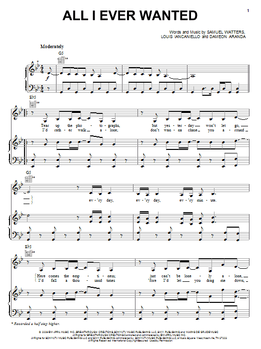 Download Kelly Clarkson All I Ever Wanted Sheet Music and learn how to play Piano, Vocal & Guitar (Right-Hand Melody) PDF digital score in minutes